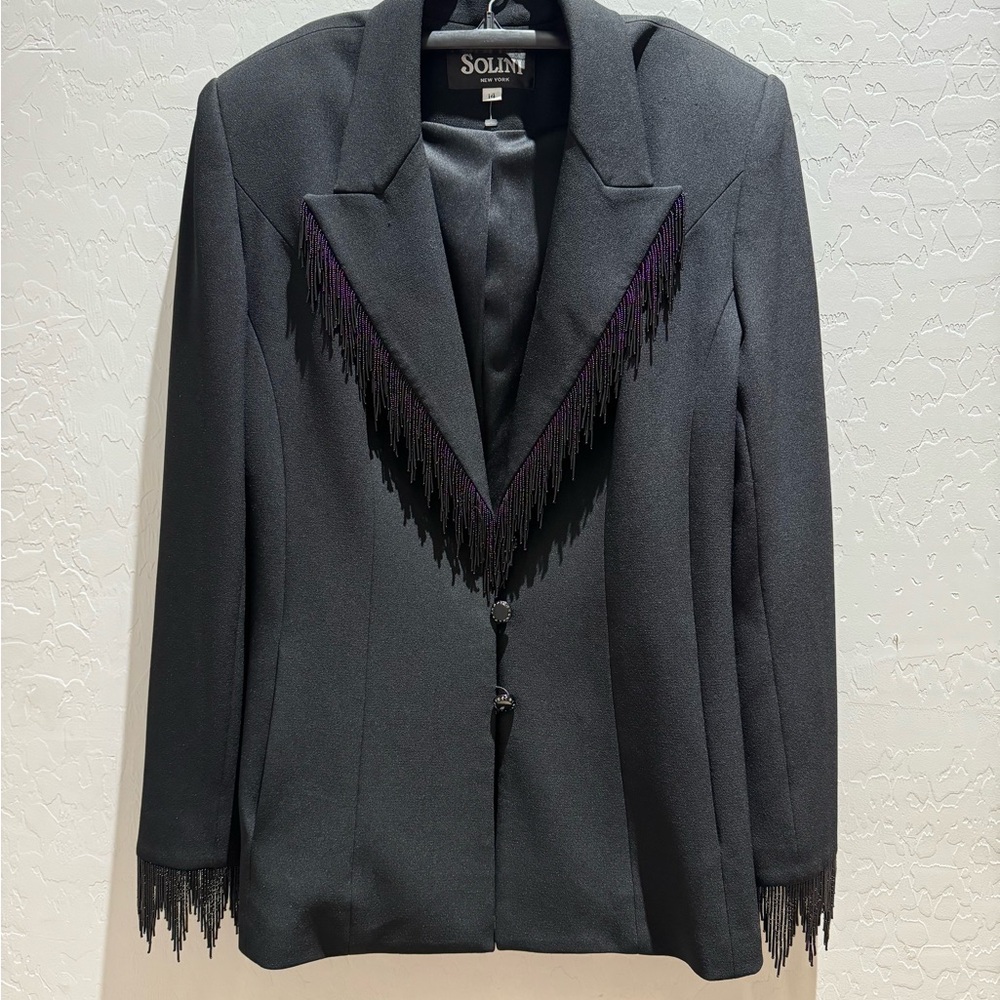 SOLINI Women’s Black Beaded Fringe Blazer Jacket 🖤